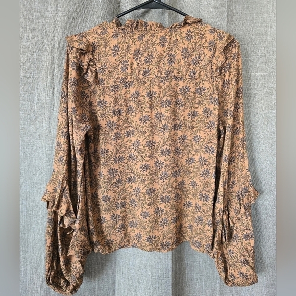 A Love A Brown Floral Ruffle Blouse Long Sleeve V Neck XS Boho - Picture 3 of 5